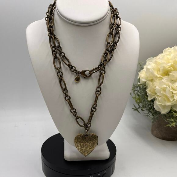 Ben Amun Designer Antique Brass Etched Heart Locket Link Long Necklace - Picture 1 of 9